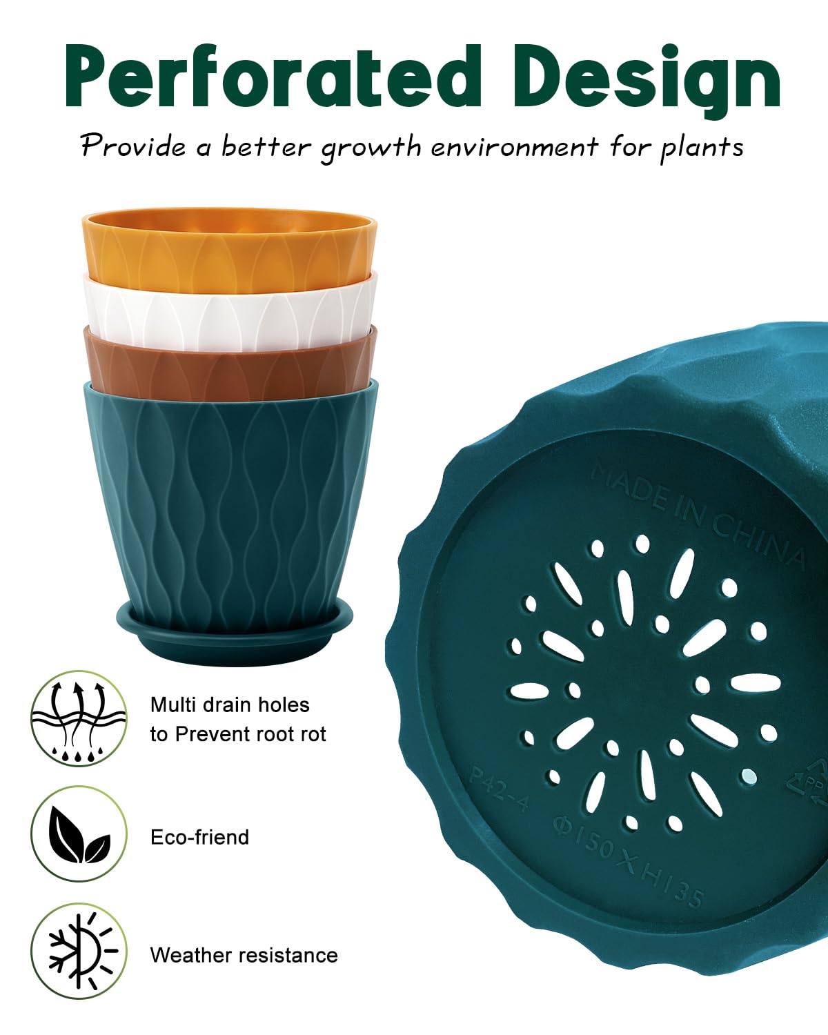 6 Inch Indoor Planter Pots with Drainage Hole and Tray Saucer,Flower Pots for Indoor Outdoor Garden Plants and Flowers, Multicolor, 4 Packs - Hình 3