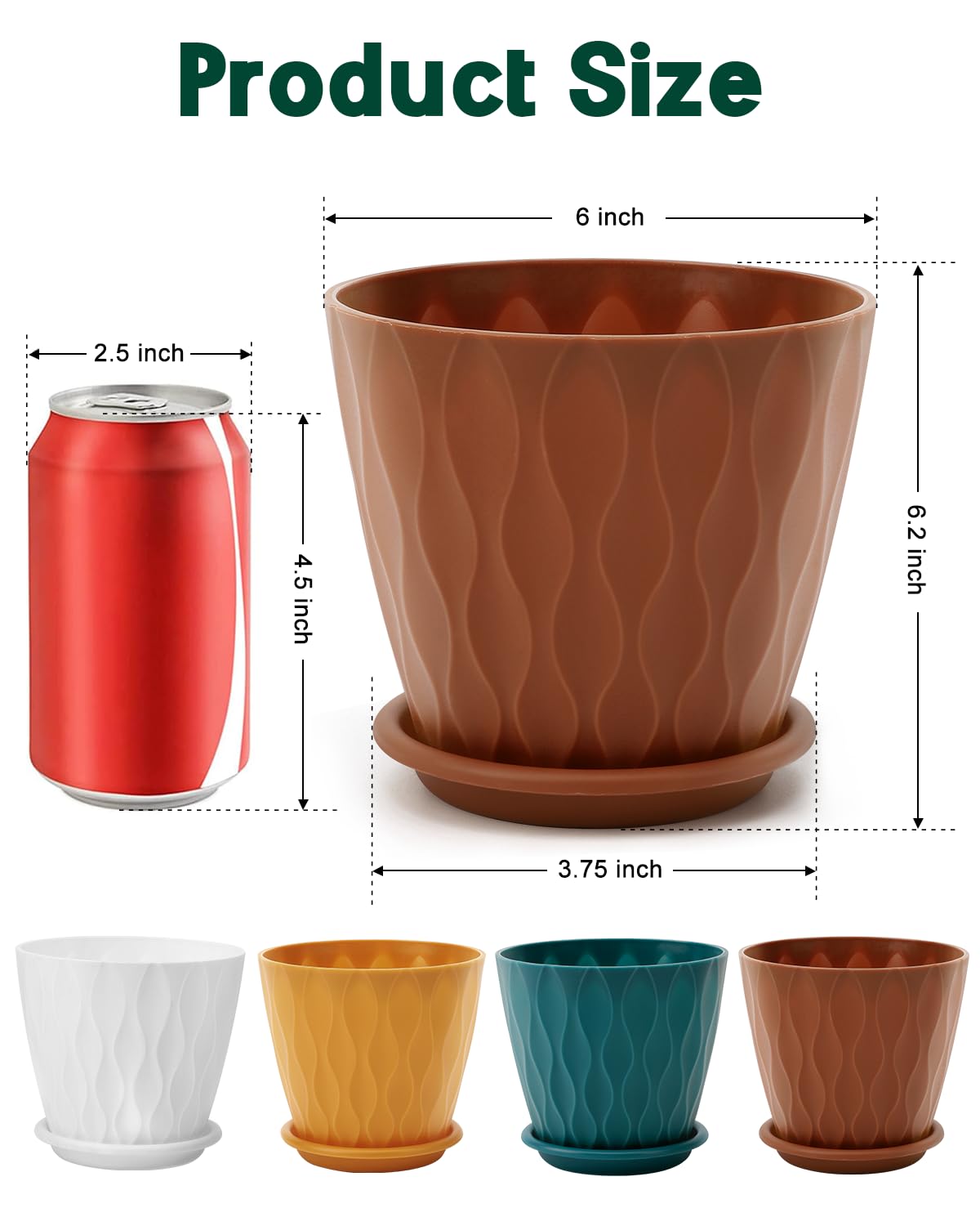 6 Inch Indoor Planter Pots with Drainage Hole and Tray Saucer,Flower Pots for Indoor Outdoor Garden Plants and Flowers, Multicolor, 4 Packs - Hình 2