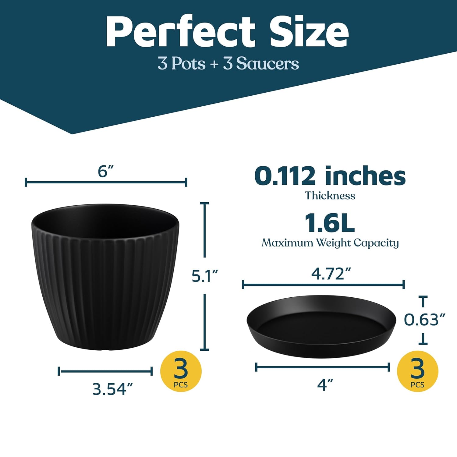 Black 6-Inch Plant Pots with Drainage & Saucers 3 Pack, Indoor & Outdoor Planters for Houseplants, Herbs, and Flowers, Durable & Weatherproof Material, Stackable, Lightweight, Minimalist Design - Hình 3