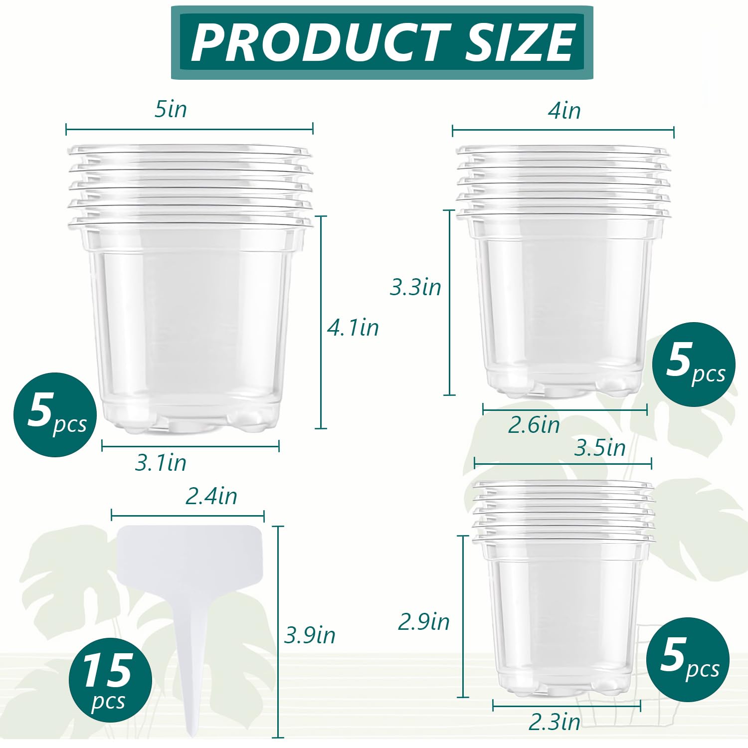 MAFONE Clear Nursery Pots 5/4/3.5 Inch, Plastic Seed Starter High Transparency Plastic Seedling Plant Pot with Drainage Holes15 Labels (15Pcs) - Hình 3
