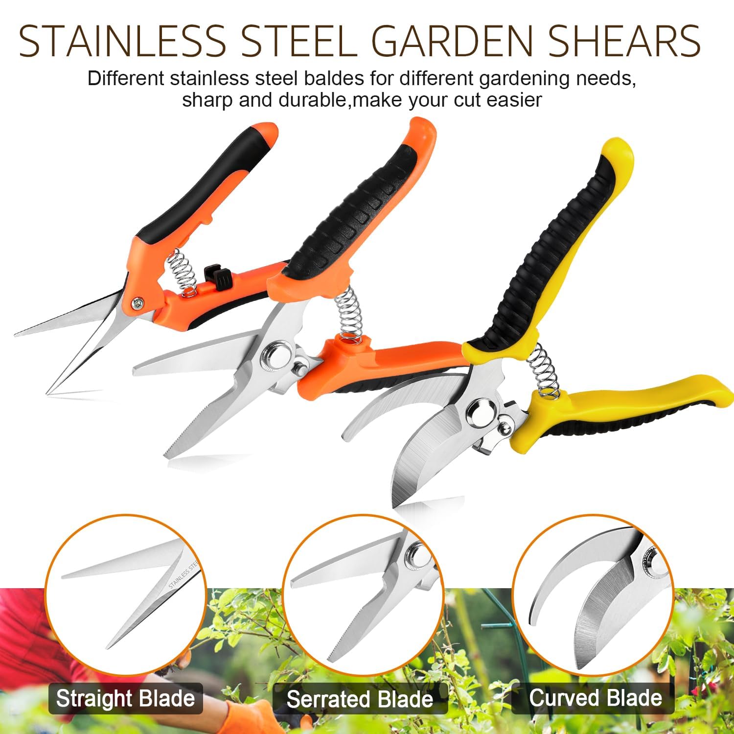 3 Pack Garden Pruning Shears Stainless Steel Blades Handheld Pruners Set with Gardening Gloves - Hình 4