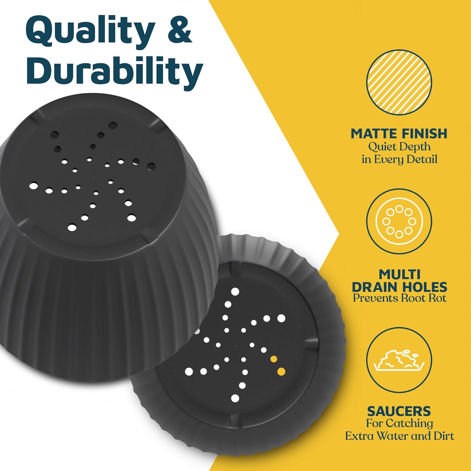 Black 6-Inch Plant Pots with Drainage & Saucers 3 Pack, Indoor & Outdoor Planters for Houseplants, Herbs, and Flowers, Durable & Weatherproof Material, Stackable, Lightweight, Minimalist Design - Hình 7