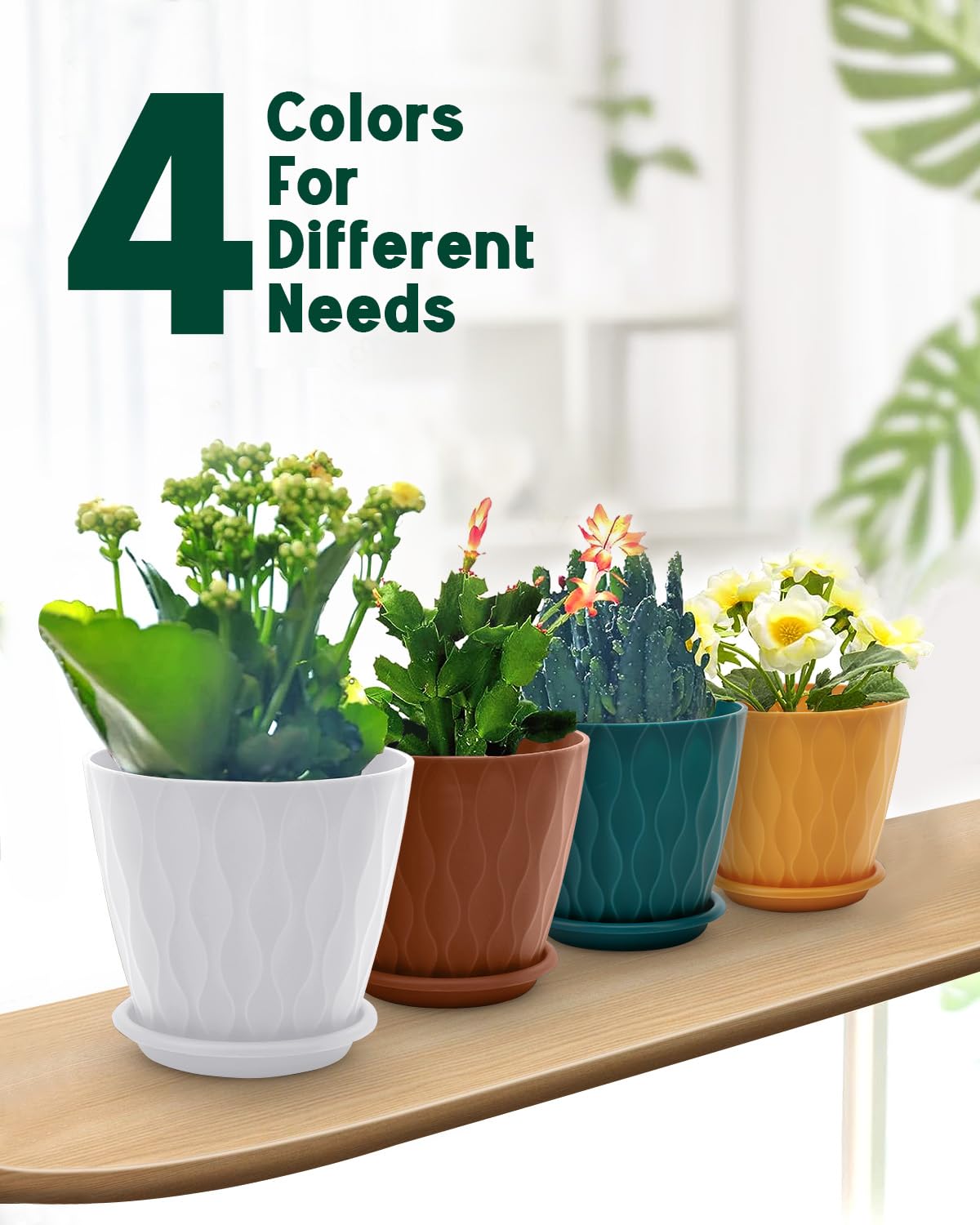 6 Inch Indoor Planter Pots with Drainage Hole and Tray Saucer,Flower Pots for Indoor Outdoor Garden Plants and Flowers, Multicolor, 4 Packs - Hình 6