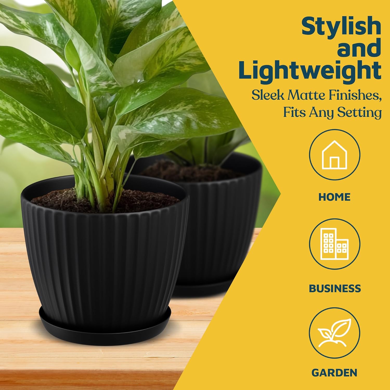 Black 6-Inch Plant Pots with Drainage & Saucers 3 Pack, Indoor & Outdoor Planters for Houseplants, Herbs, and Flowers, Durable & Weatherproof Material, Stackable, Lightweight, Minimalist Design - Hình 4
