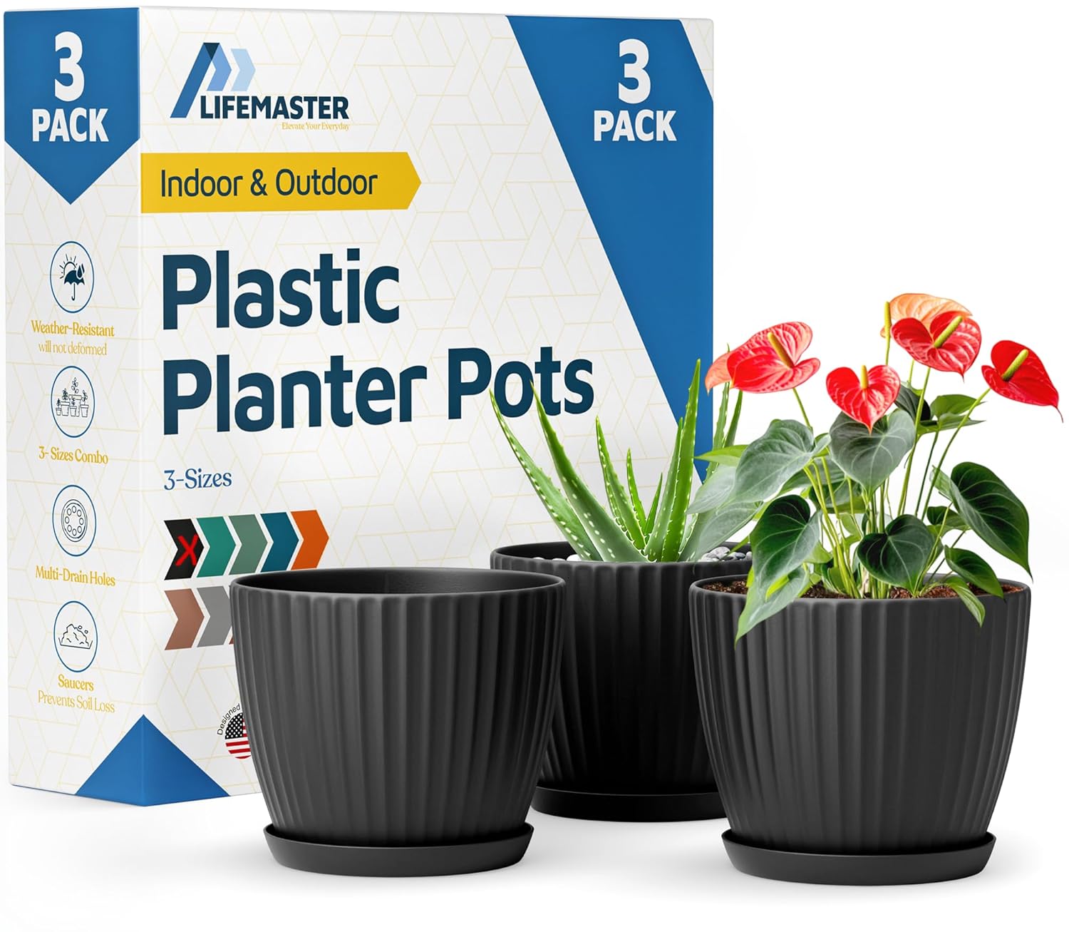 Black 6-Inch Plant Pots with Drainage & Saucers 3 Pack, Indoor & Outdoor Planters for Houseplants, Herbs, and Flowers, Durable & Weatherproof Material, Stackable, Lightweight, Minimalist Design - Amazon.com : Black 6-Inch Plant Pots with Drainage...