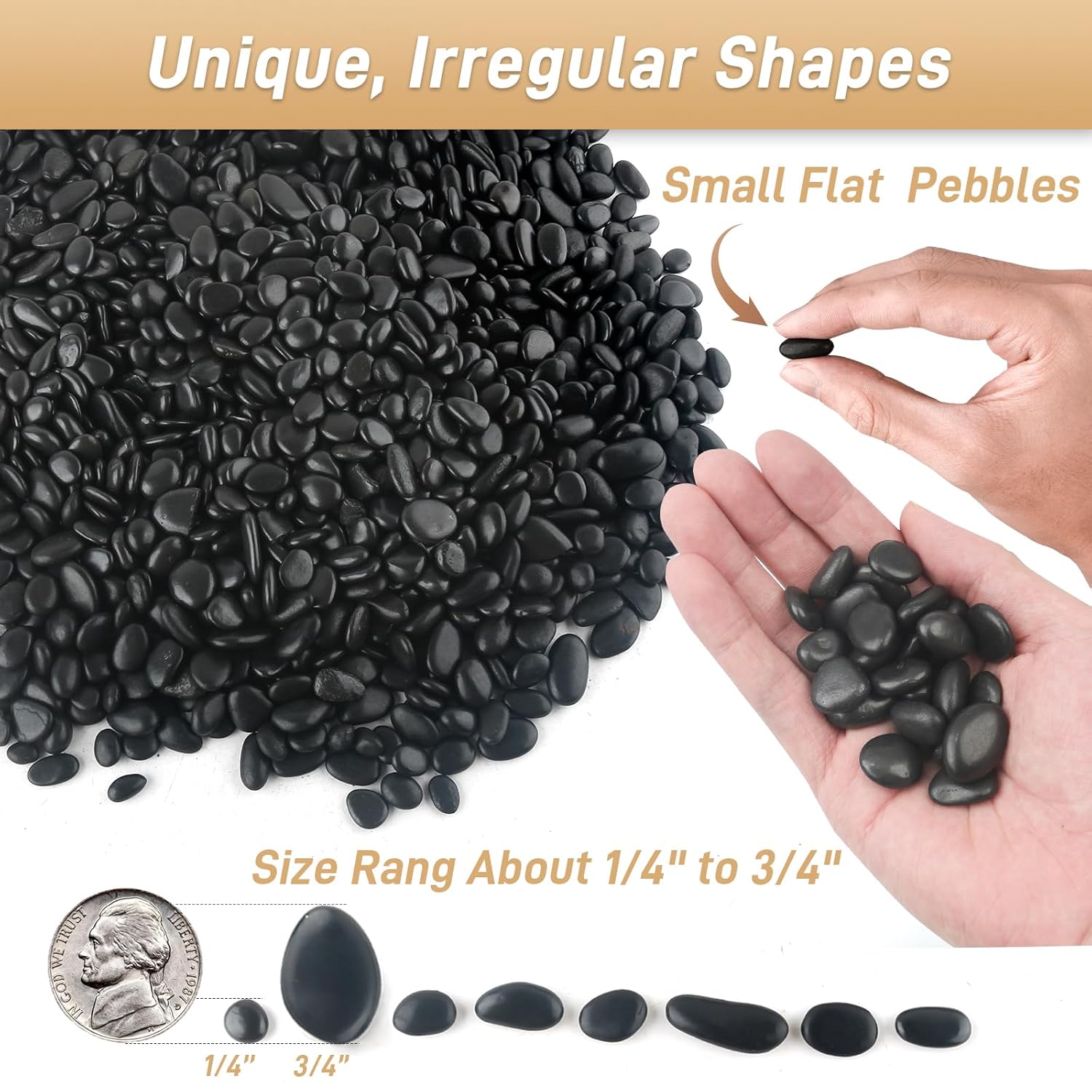 Mulctun 2lb Black Rocks for Planters- 1/4" - 3/4" Polished Black Stones Smooth Flat Pebbles for Fish Tanks Decorative River Rocks for Vases Bonsai Pots Garden Stones for Landscaping and Yards - Hình 2