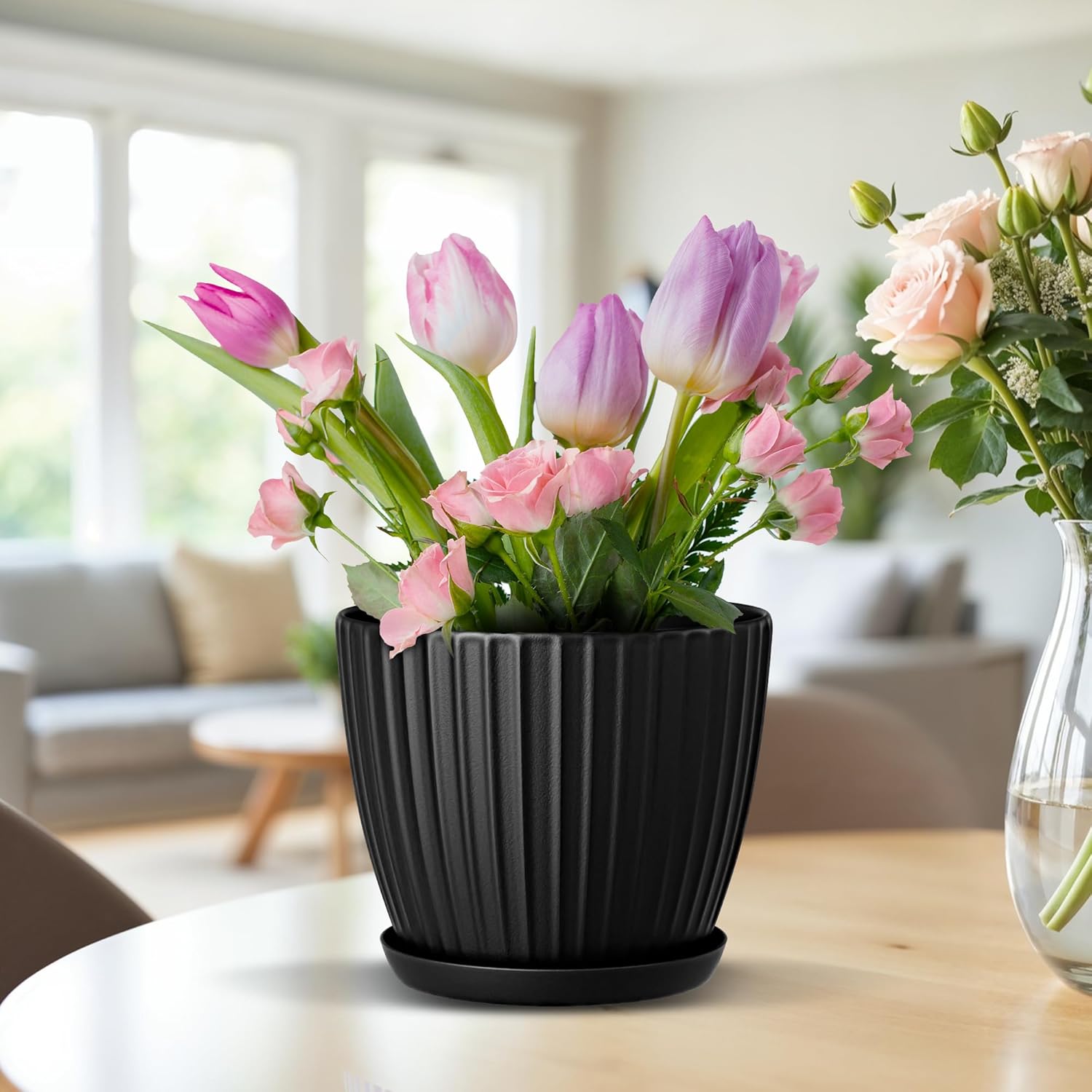 Black 6-Inch Plant Pots with Drainage & Saucers 3 Pack, Indoor & Outdoor Planters for Houseplants, Herbs, and Flowers, Durable & Weatherproof Material, Stackable, Lightweight, Minimalist Design - Hình 2