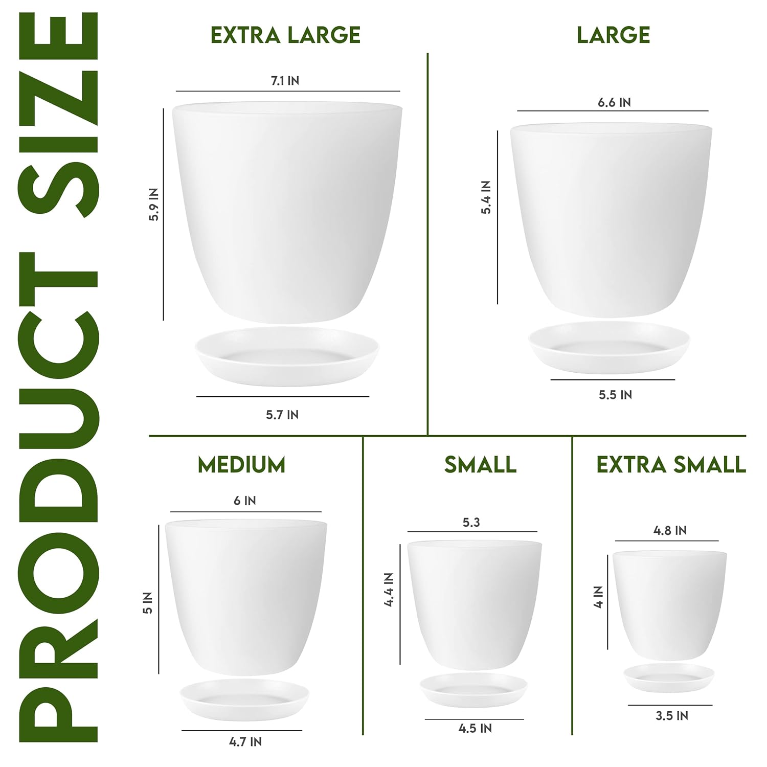 Utopia Home Plant Pots Indoor with Drainage Holes – Set of 5 White Plastic Flower Pots (7/6.6/6/5.3/4.8 Inch) – Modern Planters for Indoor Plants, Room & Office Décor, Great Stocking Stuffers - Hình 3