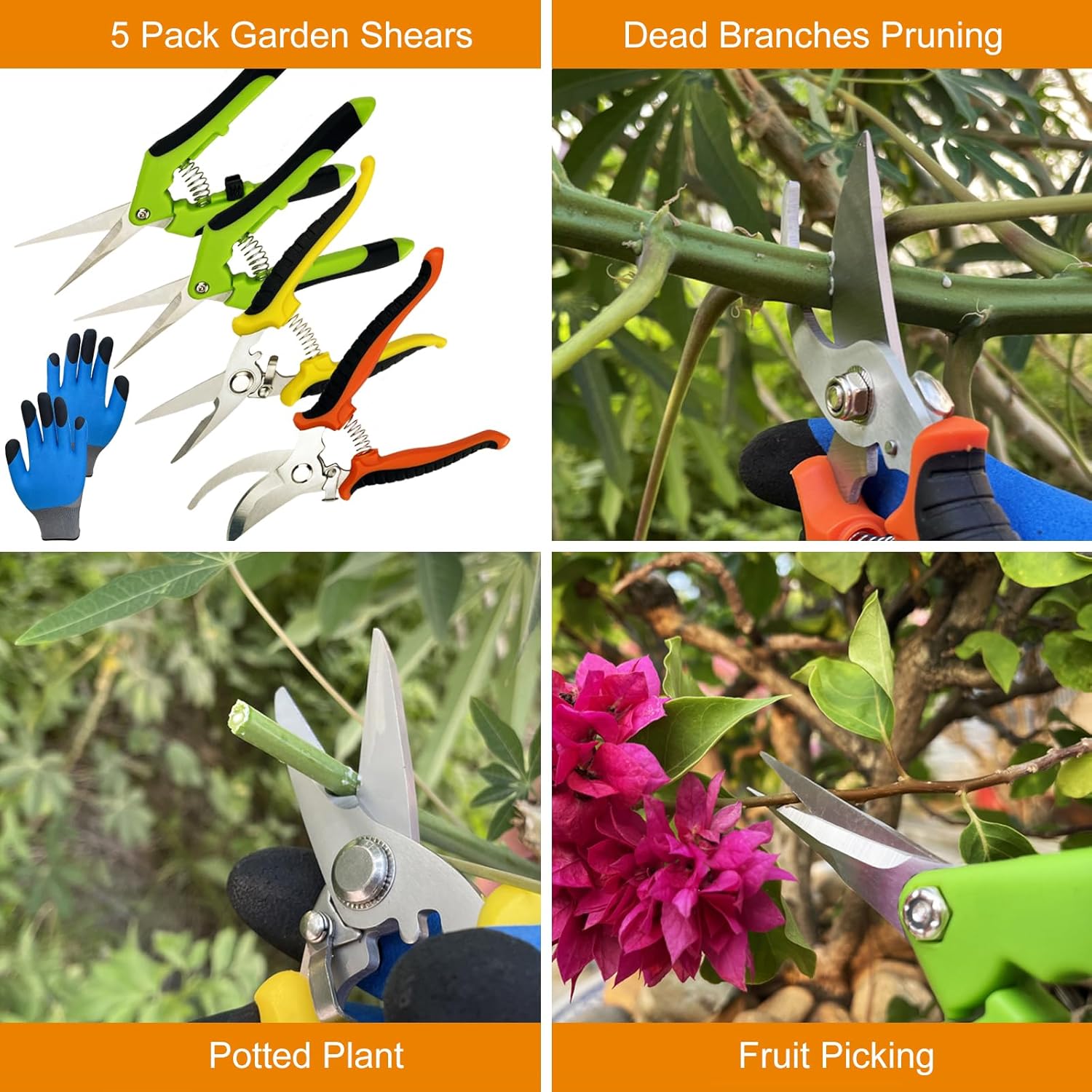 Pruning Shears, 5 Pack Garden Shears with Gardening gloves, Clippers Handheld, Stainless Steel Garden Snips, Lengnoyp Pruners for Gardening - Hình 3