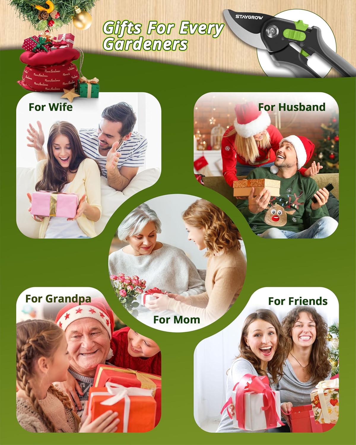 Pruning Shears for Gardening,8.5" SK5 Garden Shears Cuts 10000+ Times Staying Sharp, Garden Scissors with One-handed Unlocking&Adjustable Handle, Garden Clippers Gardening Tools for Men Women - Hình 3