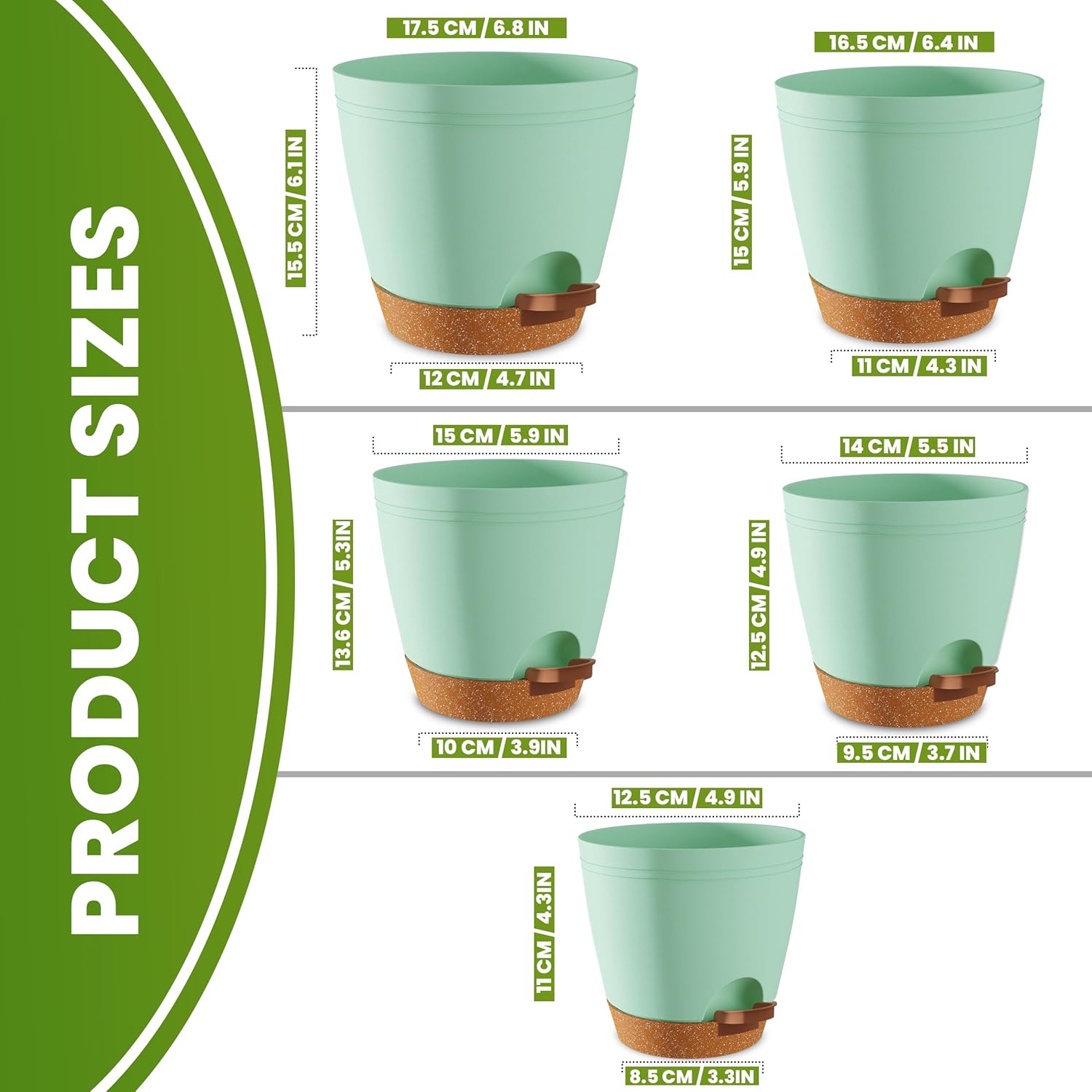 Utopia Home Self Watering Pots for Indoor Plants, Planters for Indoor Plants, Multi-Size Flowerpot, Set of 5 Plant Pots with Drainage & Reservoir, 6.8"/6.4"/5.9"/5.5"/4.9" (Olive Green) - Hình 2