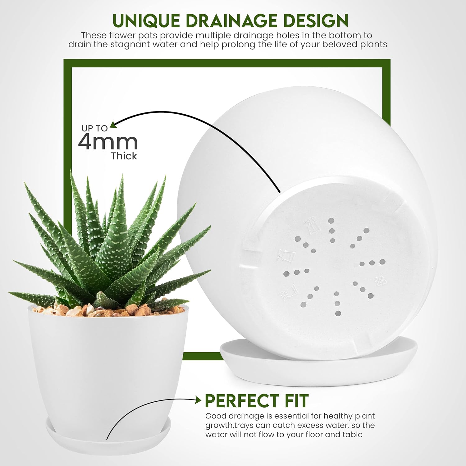 Utopia Home Plant Pots Indoor with Drainage Holes – Set of 5 White Plastic Flower Pots (7/6.6/6/5.3/4.8 Inch) – Modern Planters for Indoor Plants, Room & Office Décor, Great Stocking Stuffers - Hình 4