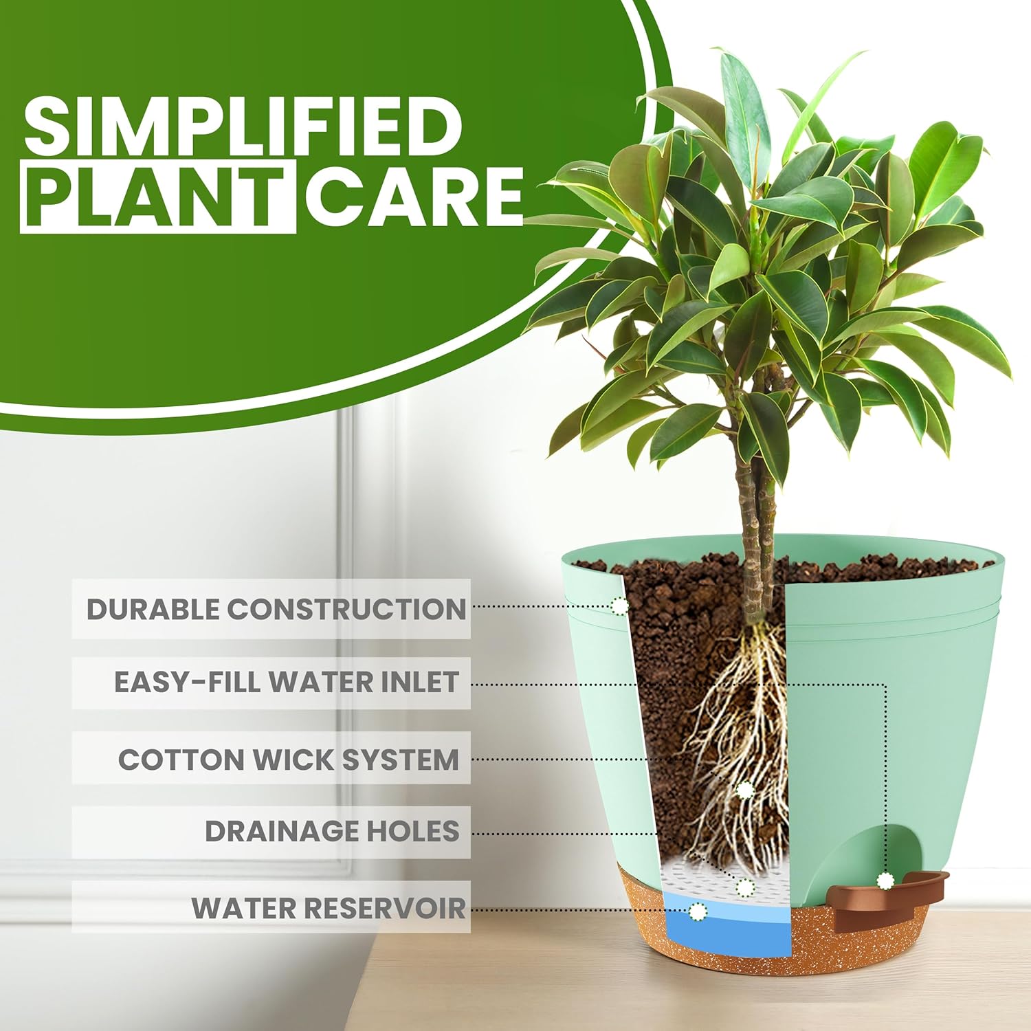 Utopia Home Self Watering Pots for Indoor Plants, Planters for Indoor Plants, Multi-Size Flowerpot, Set of 5 Plant Pots with Drainage & Reservoir, 6.8"/6.4"/5.9"/5.5"/4.9" (Olive Green) - Hình 4