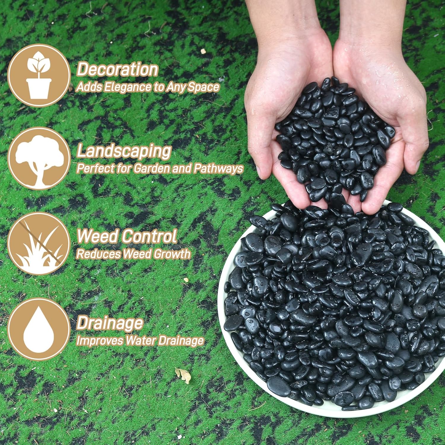 Mulctun 2lb Black Rocks for Planters- 1/4" - 3/4" Polished Black Stones Smooth Flat Pebbles for Fish Tanks Decorative River Rocks for Vases Bonsai Pots Garden Stones for Landscaping and Yards - Hình 3