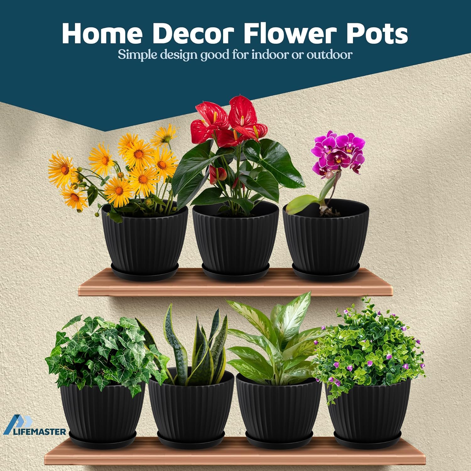 Black 6-Inch Plant Pots with Drainage & Saucers 3 Pack, Indoor & Outdoor Planters for Houseplants, Herbs, and Flowers, Durable & Weatherproof Material, Stackable, Lightweight, Minimalist Design - Hình 5