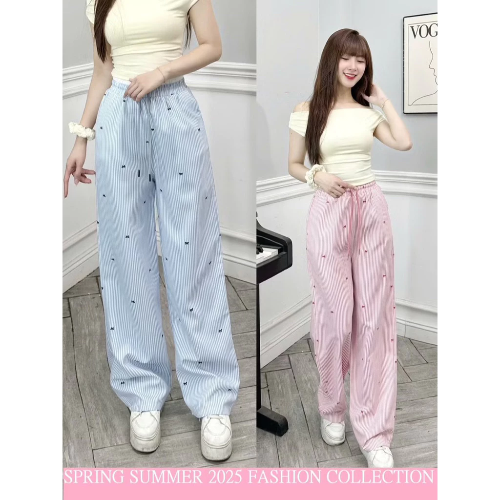 Quần kẻ sọc ống rộng hoạ tiết nơ nhí nữ có đủ size dáng rộng ống suông cạp chun co giãn - Hình 2