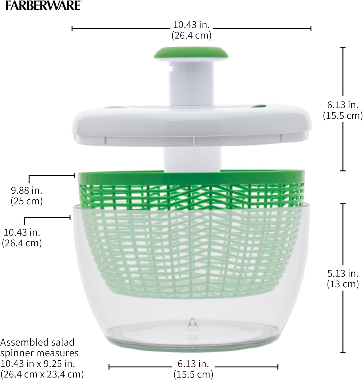 Farberware Easy to use pro Pump Spinner with Bowl, Colander and Built in draining System for Fresh, Crisp, Clean Salad and Produce, 6.6 quart, Green - Hình 2