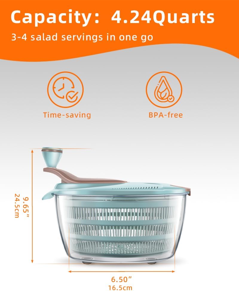 Brigii Salad Spinner, 4.24 Quart Lettuce Spinner with Double Drainage Holes, Salad Dryer for Washing, Spinning, and Draining Greens, Fruits, and Vegetables - Hình 3