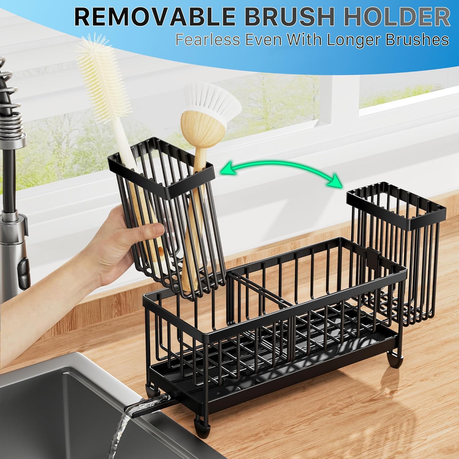 Cisily Sponge Holder for Kitchen Sink, Sink Caddy Organizer with High Brush Holder, Kitchen Countertop Organizers and Storage Essentials, Rustproof 304 Stainless Steel (Black, 9.25″) - Hình 2